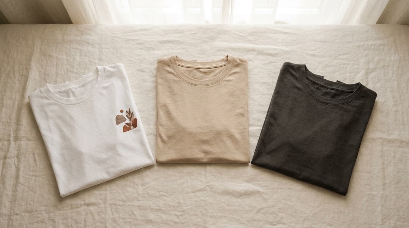 Tri poskladané tričká: biele s potlačou, béžové a antracitové